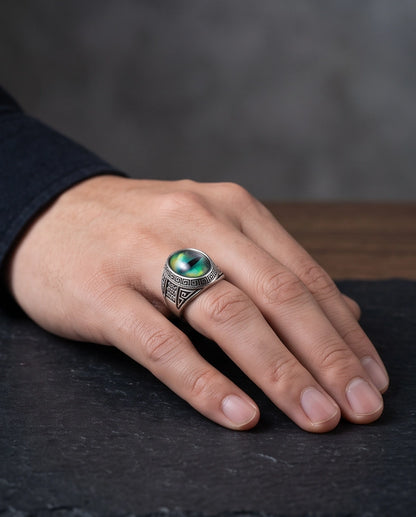 Emerald Green Slit-Pupil Dragon-Eye Greek Key Silver Ring