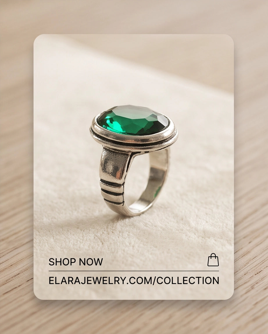 Emerald Gemstone Double Oval Bezel Minimalist Silver Ring