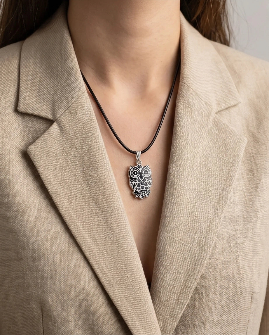 Intricate Monochrome Owl Totem Pendant Necklace