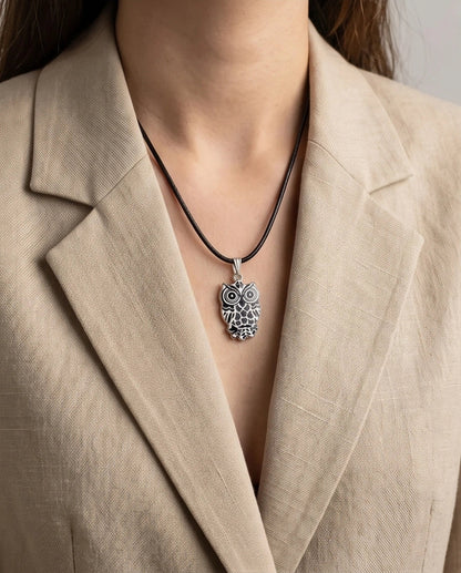 Intricate Monochrome Owl Totem Pendant Necklace