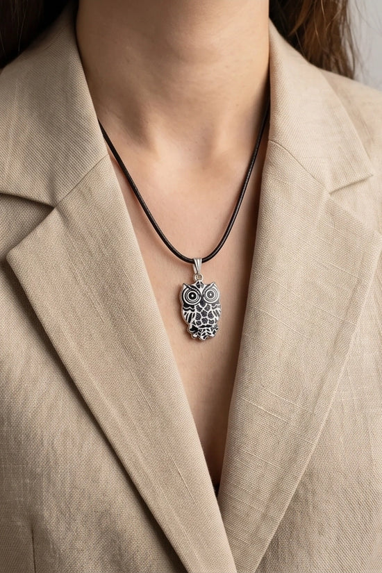 Intricate Monochrome Owl Totem Pendant Necklace