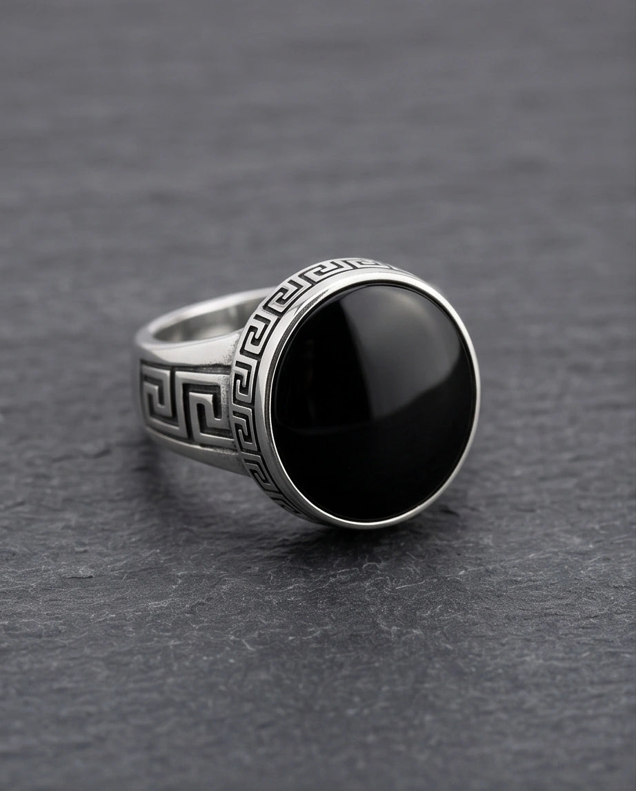 Minimalist Greek Key Onyx Signet Ring