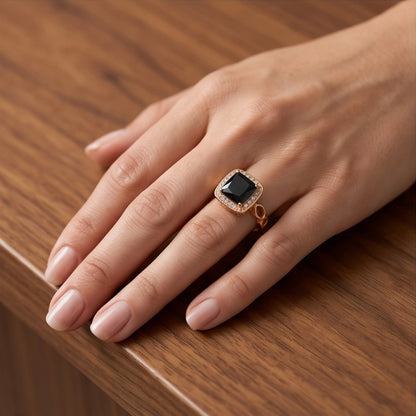 Black Onyx Cushion Halo Gold Ring