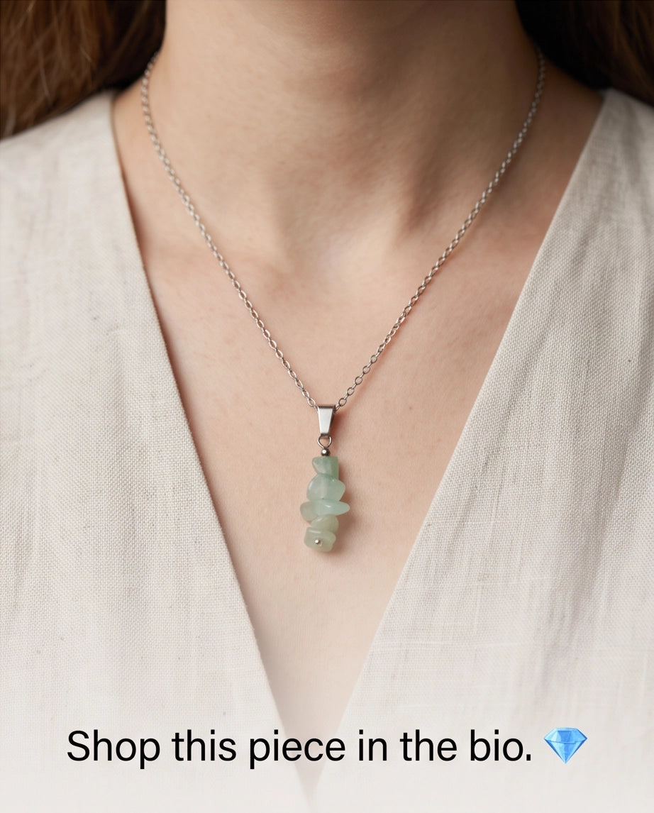 Silver Stacked Raw Green Aventurine Chip Stone Pendant Necklace