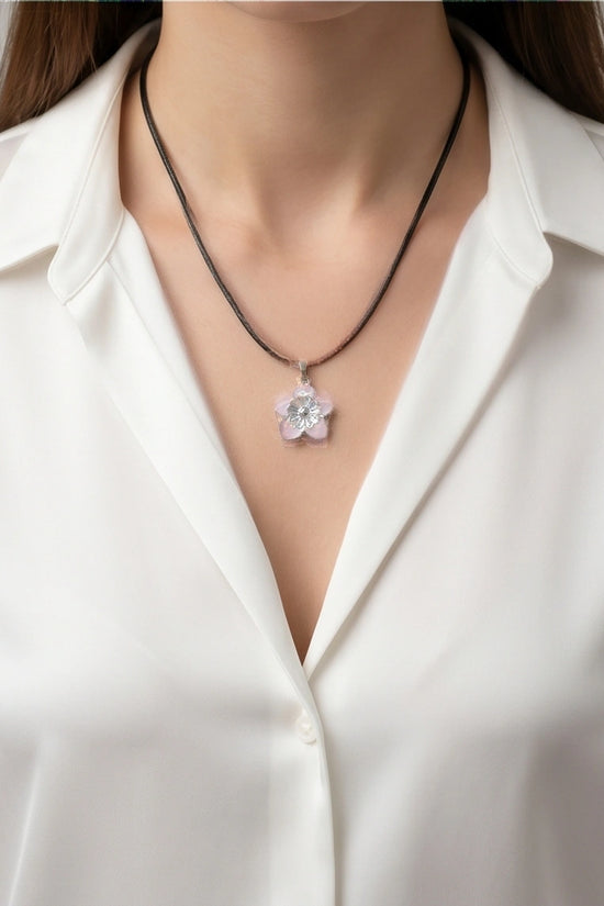 Delicate Pastel Pink and White Layered Floral Enamel Pendant Necklace