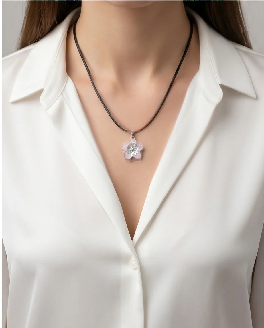 Delicate Pastel Pink and White Layered Floral Enamel Pendant Necklace