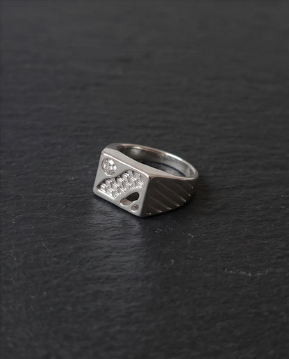 Abstract Textured Multi-Inlay Asymmetrical Signet Silver Ring