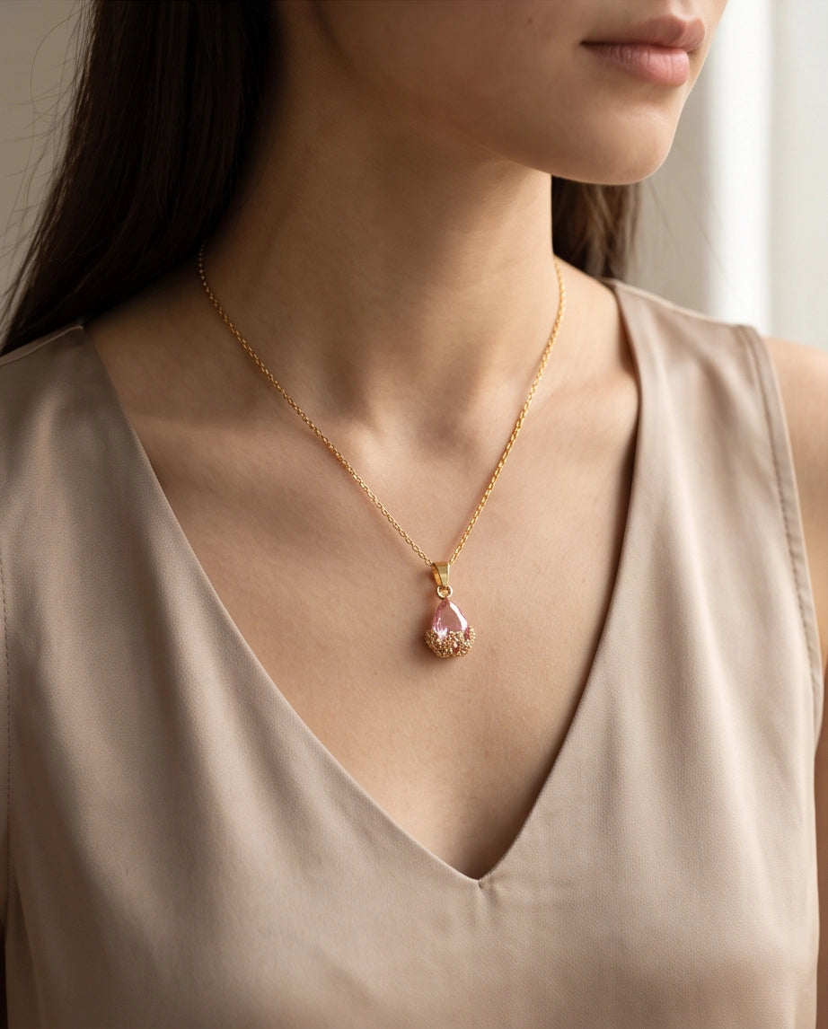 Gold Pink Teardrop Floral Basket Pendant Necklace