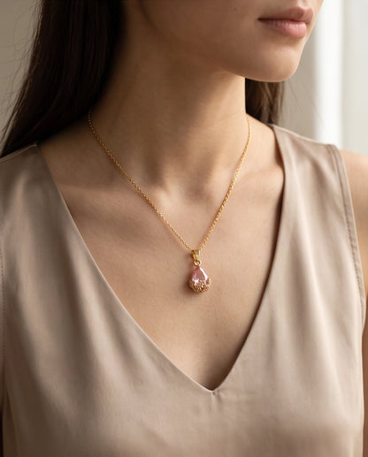 Gold Pink Teardrop Floral Basket Pendant Necklace