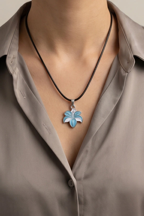 Serene Blue and White Lily Enamel Pendant Necklace