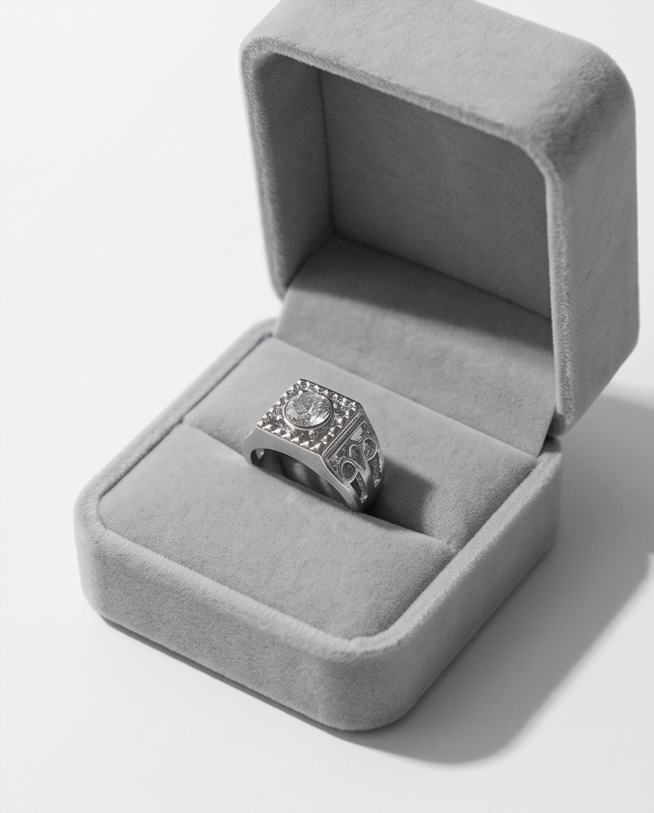 Clear Gemstone Square Sawtooth Bezel Filigree Cutout Silver Ring