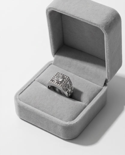 Clear Gemstone Square Sawtooth Bezel Filigree Cutout Silver Ring