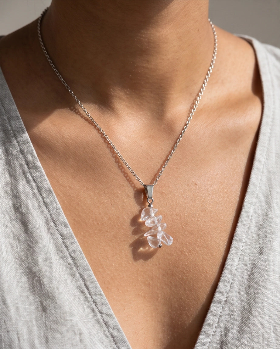 Silver Stacked Raw Clear Quartz Chip Stone Pendant Necklace