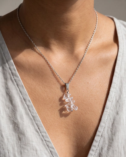 Silver Stacked Raw Clear Quartz Chip Stone Pendant Necklace