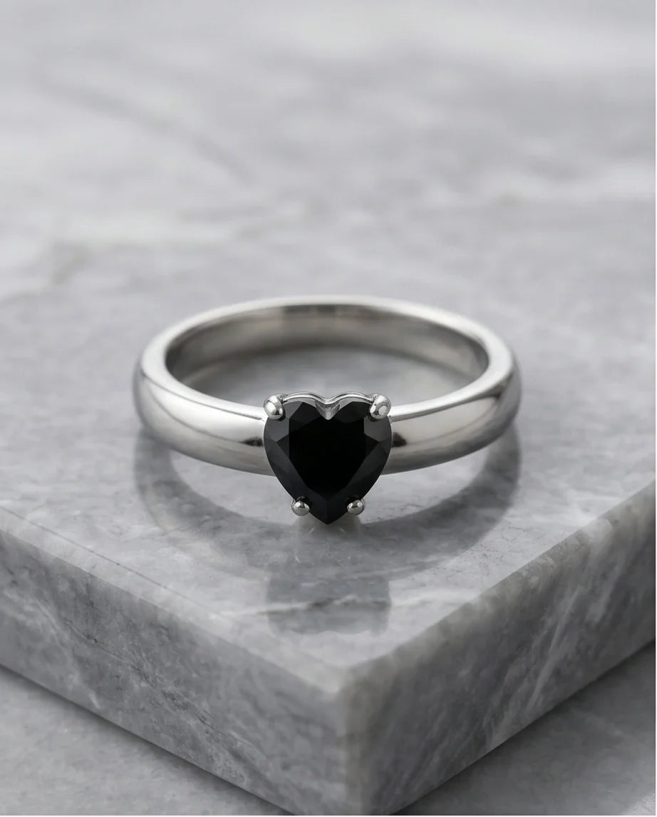 Sterling Silver Heart-Cut Black Onyx Solitaire Ring