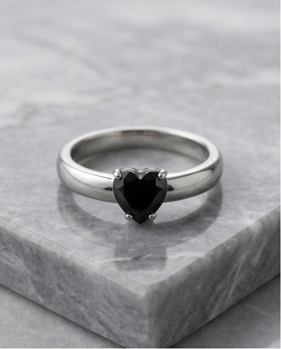 Sterling Silver Heart-Cut Black Onyx Solitaire Ring