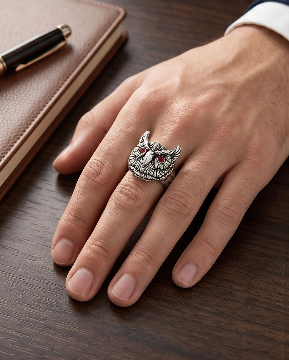 Red-Eyed Sculpted Owl Signet Ring