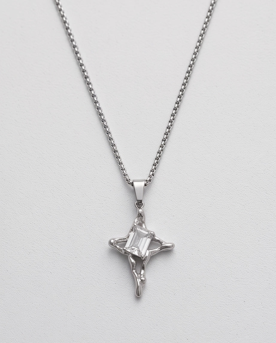 Silver Clear Gemstone Gothic Cross Pendant Necklace