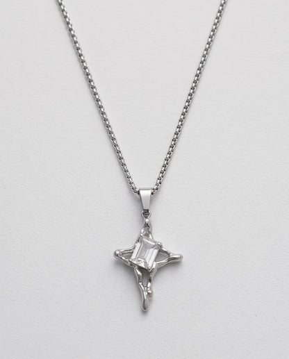 Silver Clear Gemstone Gothic Cross Pendant Necklace