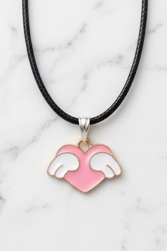 Pink Enamel Angel Winged Heart Pendant Necklace