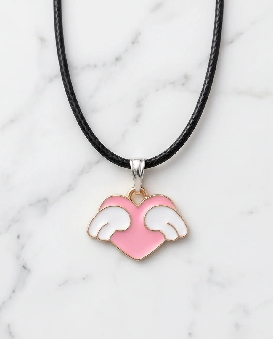 Pink Enamel Angel Winged Heart Pendant Necklace