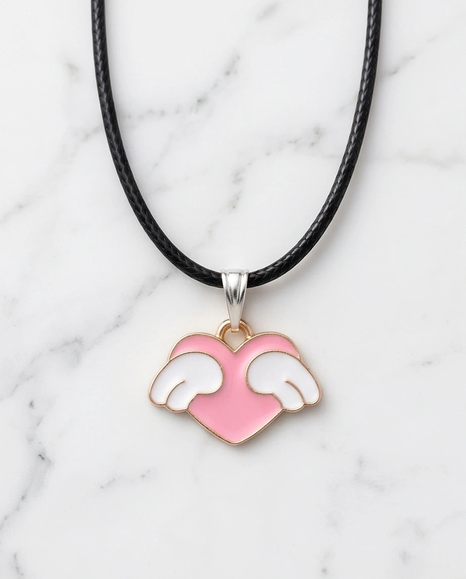Pink Enamel Angel Winged Heart Pendant Necklace