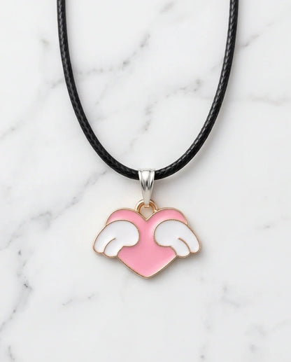 Pink Enamel Angel Winged Heart Pendant Necklace