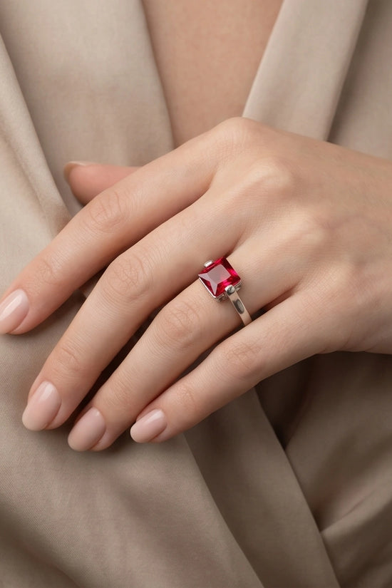Sterling Silver Princess-Cut Red Ruby Solitaire Ring