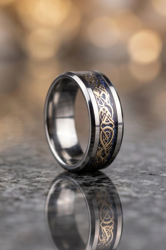 Blue Glitter Celtic Dragon Knot Band Ring