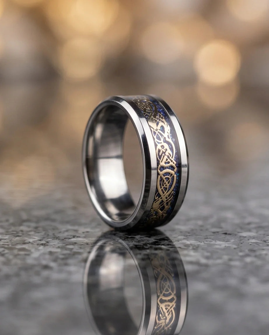 Blue Glitter Celtic Dragon Knot Band Ring