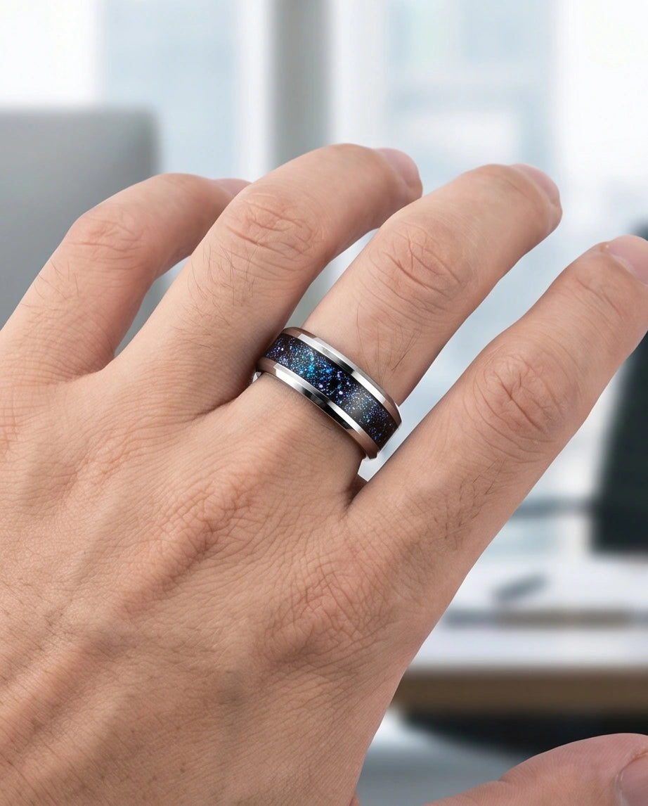 Nebula Opal Inlay Silver Band Ring
