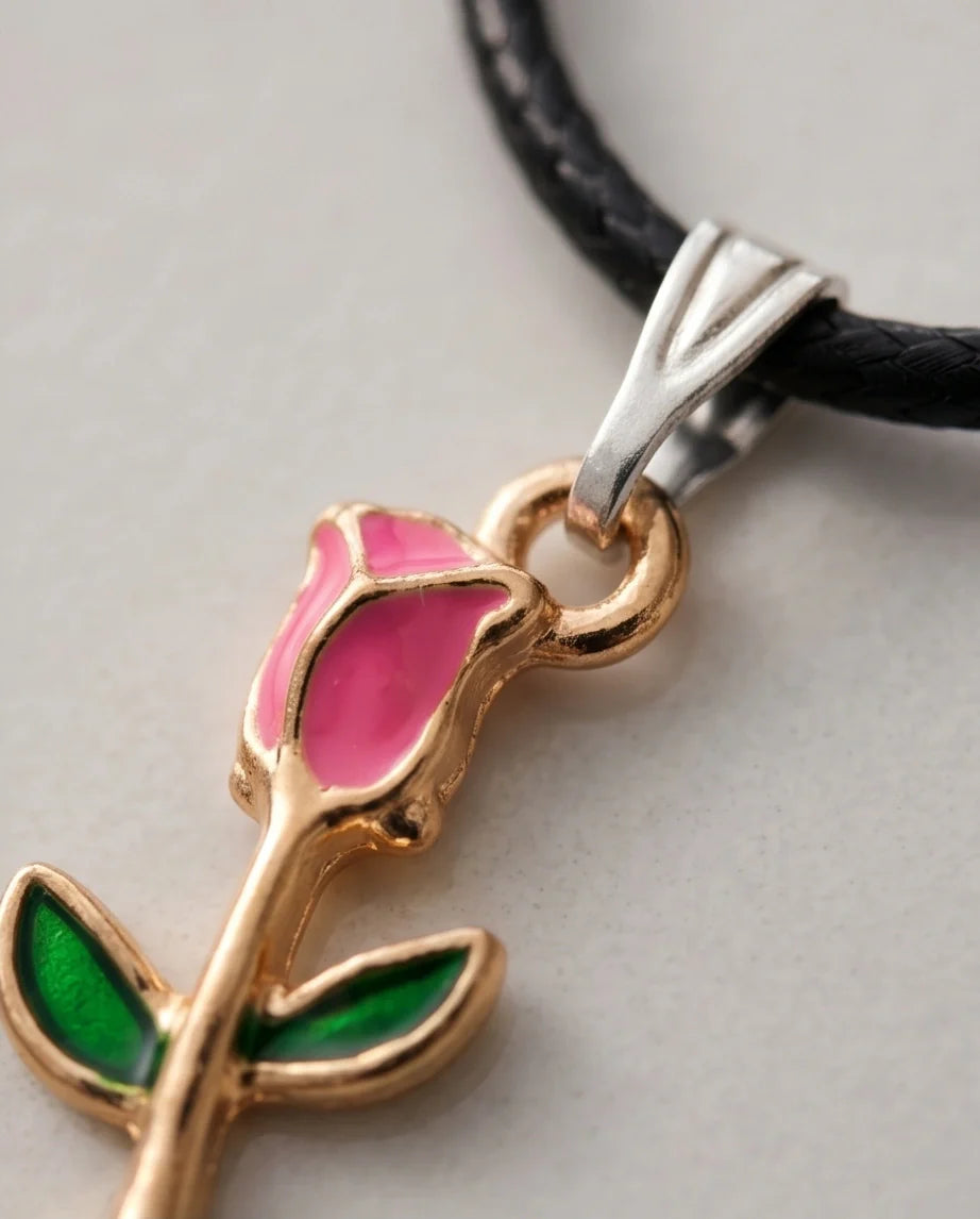 Gold and Pink Rose Pendant Necklace