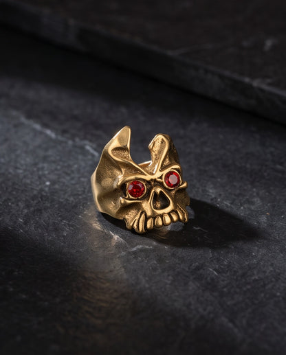 Ruby-Eyed Gothic Horned Skull Gold Ring