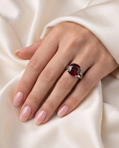 Silver Round Garnet Gemstone Solitaire Ring