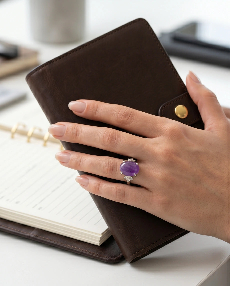 "Ethereal Purple Jade Leaf Statement Ring"