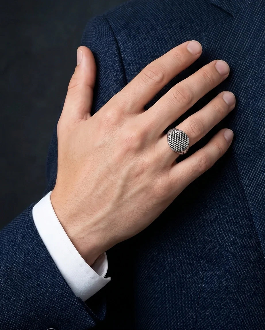 Sterling Silver Industrial Perforated Round Signet Ring