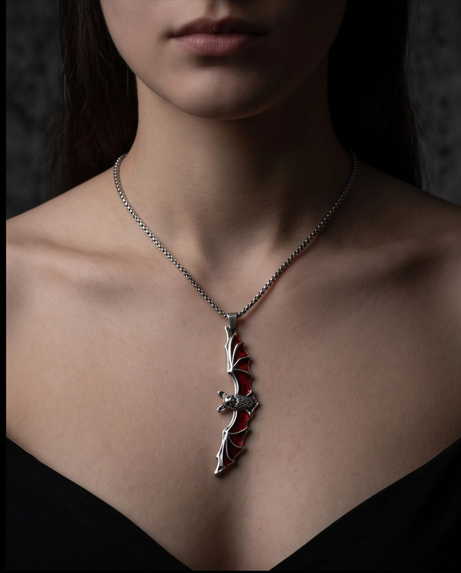 Silver Red Enamel Vampire Bat Pendant Necklace