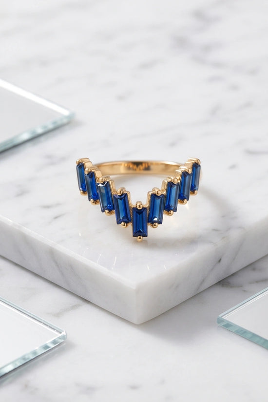 Gold Plated Blue Sapphire Baguette Tiara Ring
