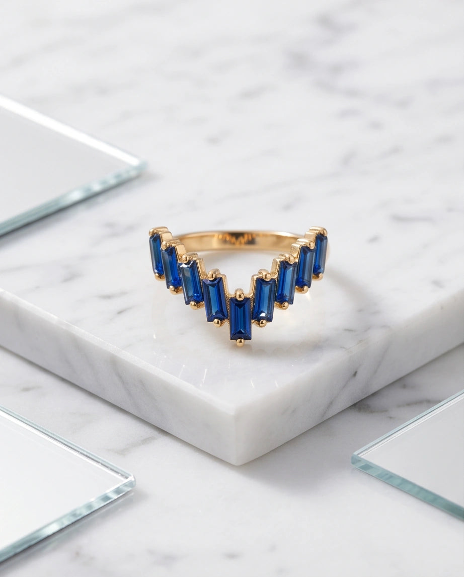 Gold Plated Blue Sapphire Baguette Tiara Ring