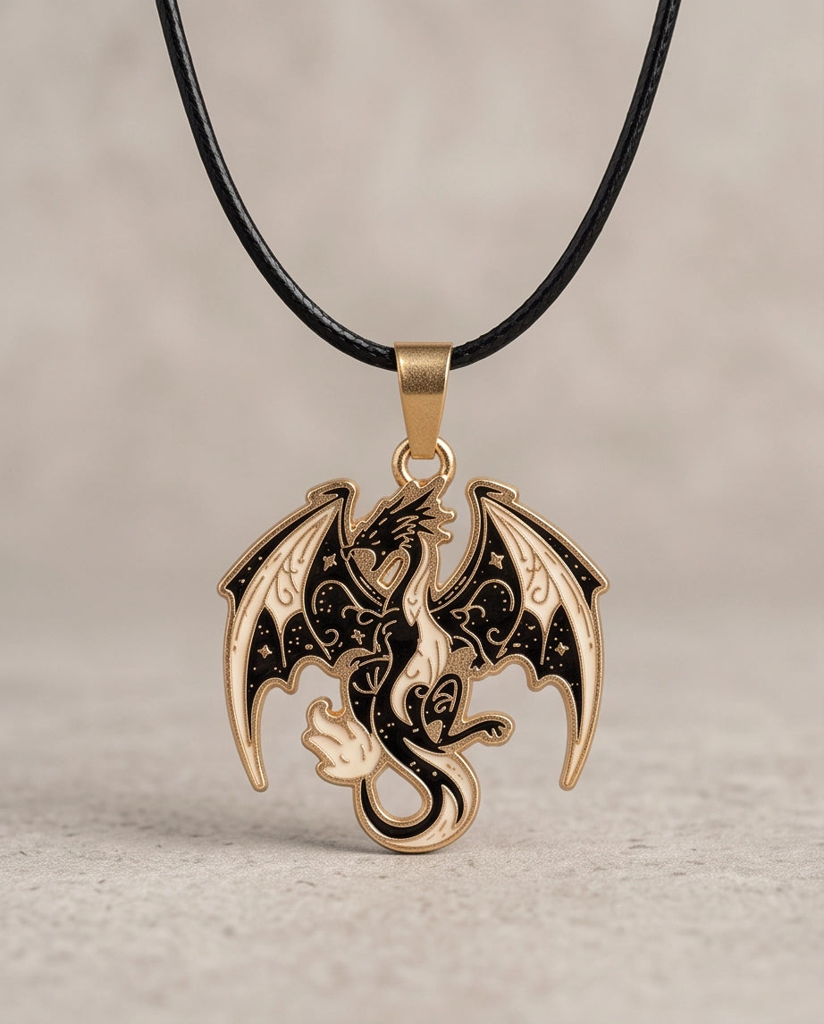 Gold Celestial Dragon Black & White Enamel Pendant Necklace