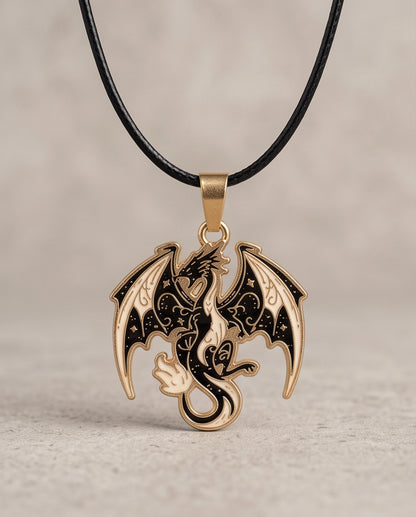 Gold Celestial Dragon Black & White Enamel Pendant Necklace