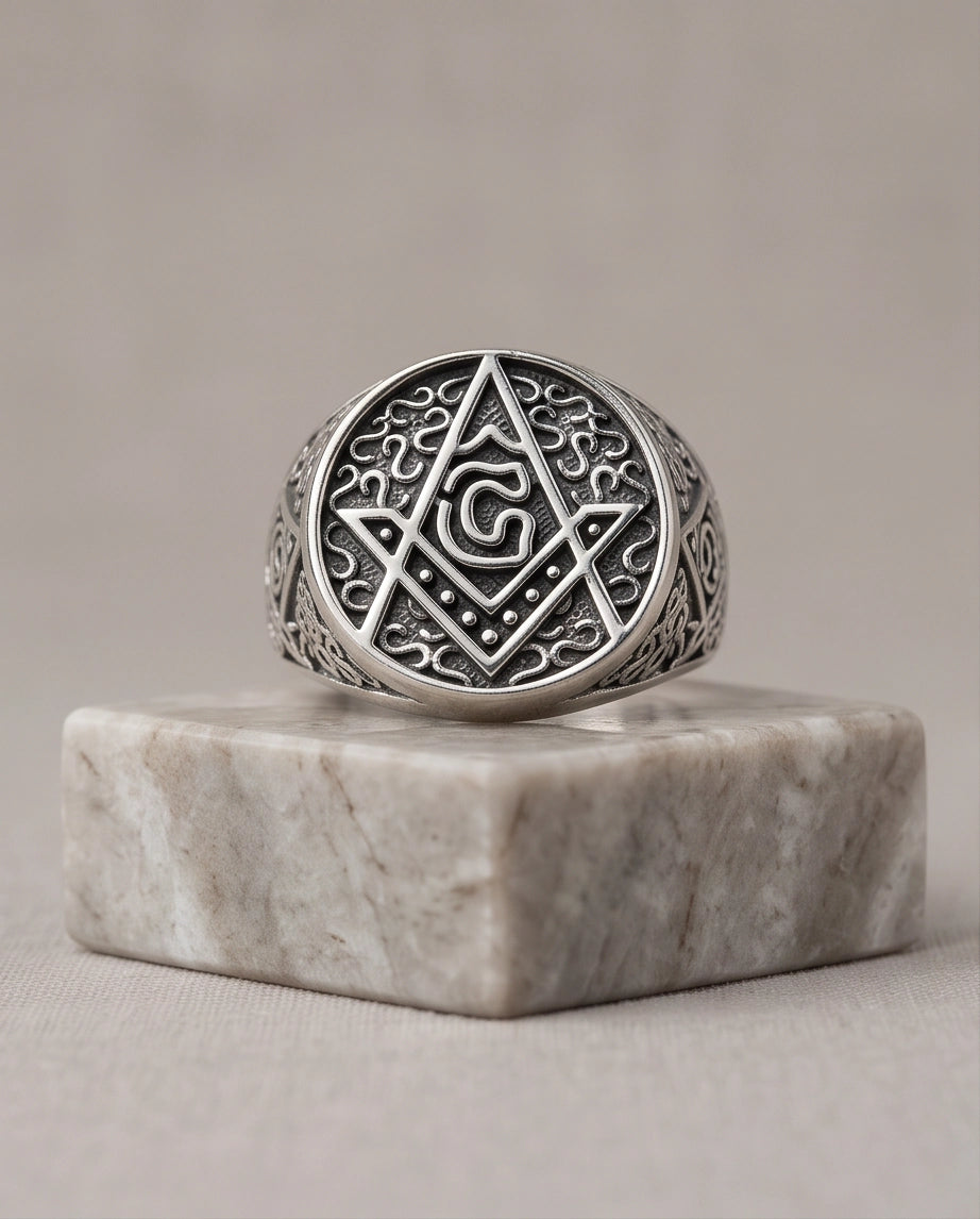 Masonic Scrollwork Oval Signet Silver Ring