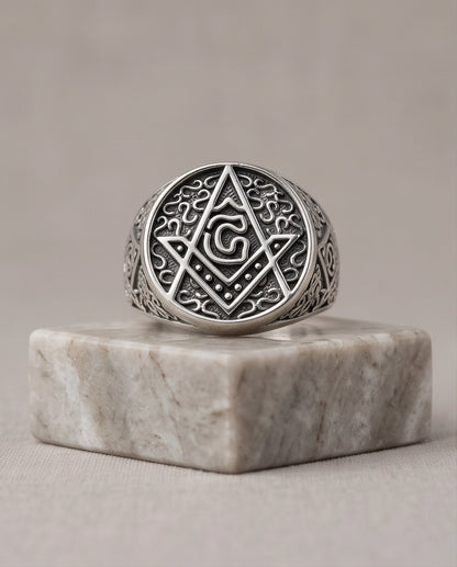 Masonic Scrollwork Oval Signet Silver Ring