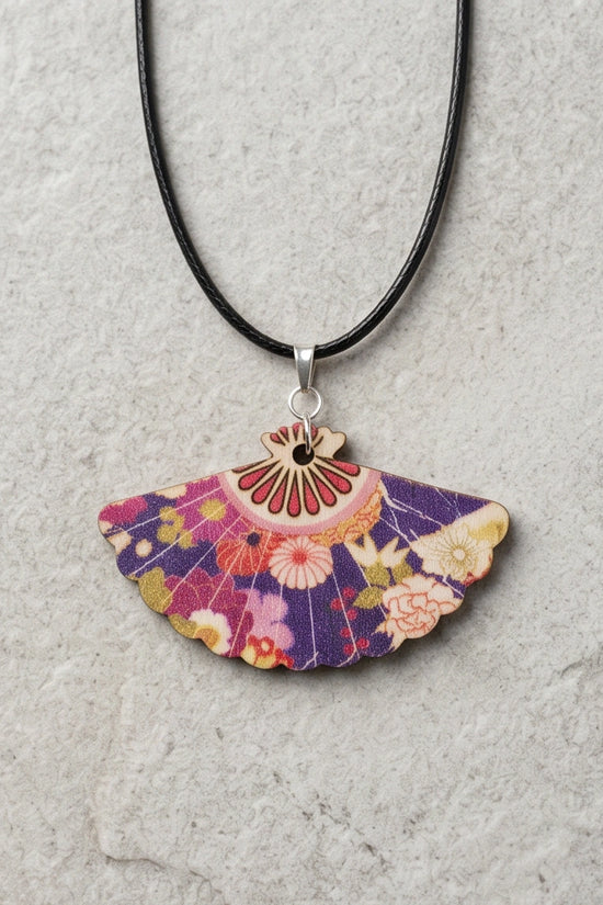 Vintage Purple Floral Hand-Fan Pendant Necklace