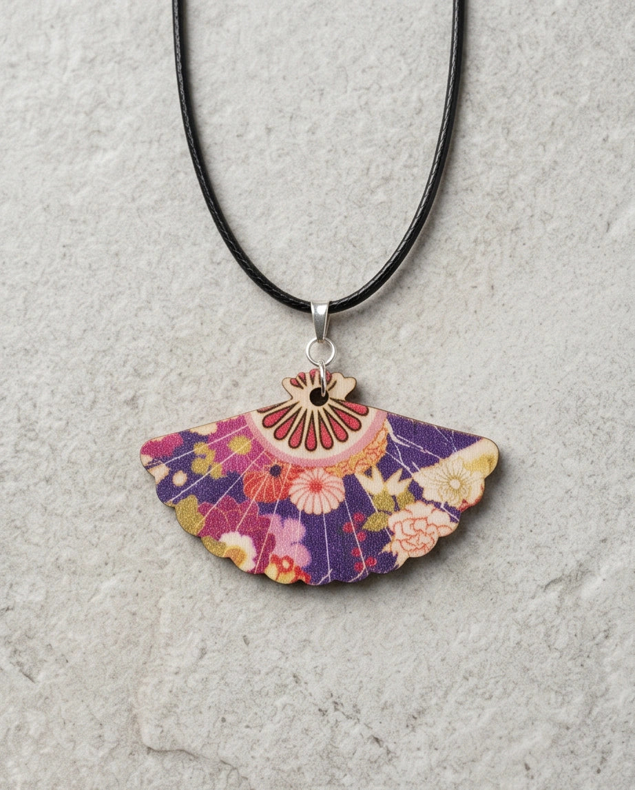 Vintage Purple Floral Hand-Fan Pendant Necklace