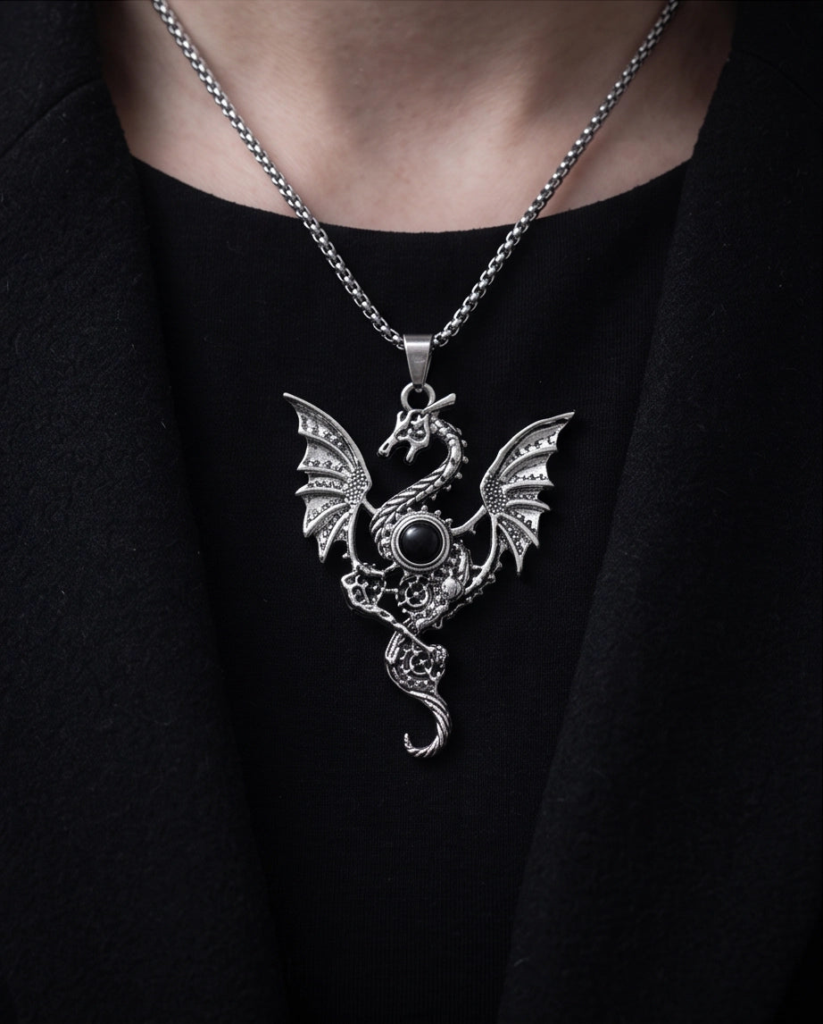 Silver Black Gemstone Dragon Pendant Necklace