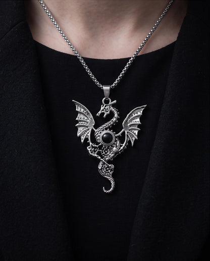 Silver Black Gemstone Dragon Pendant Necklace