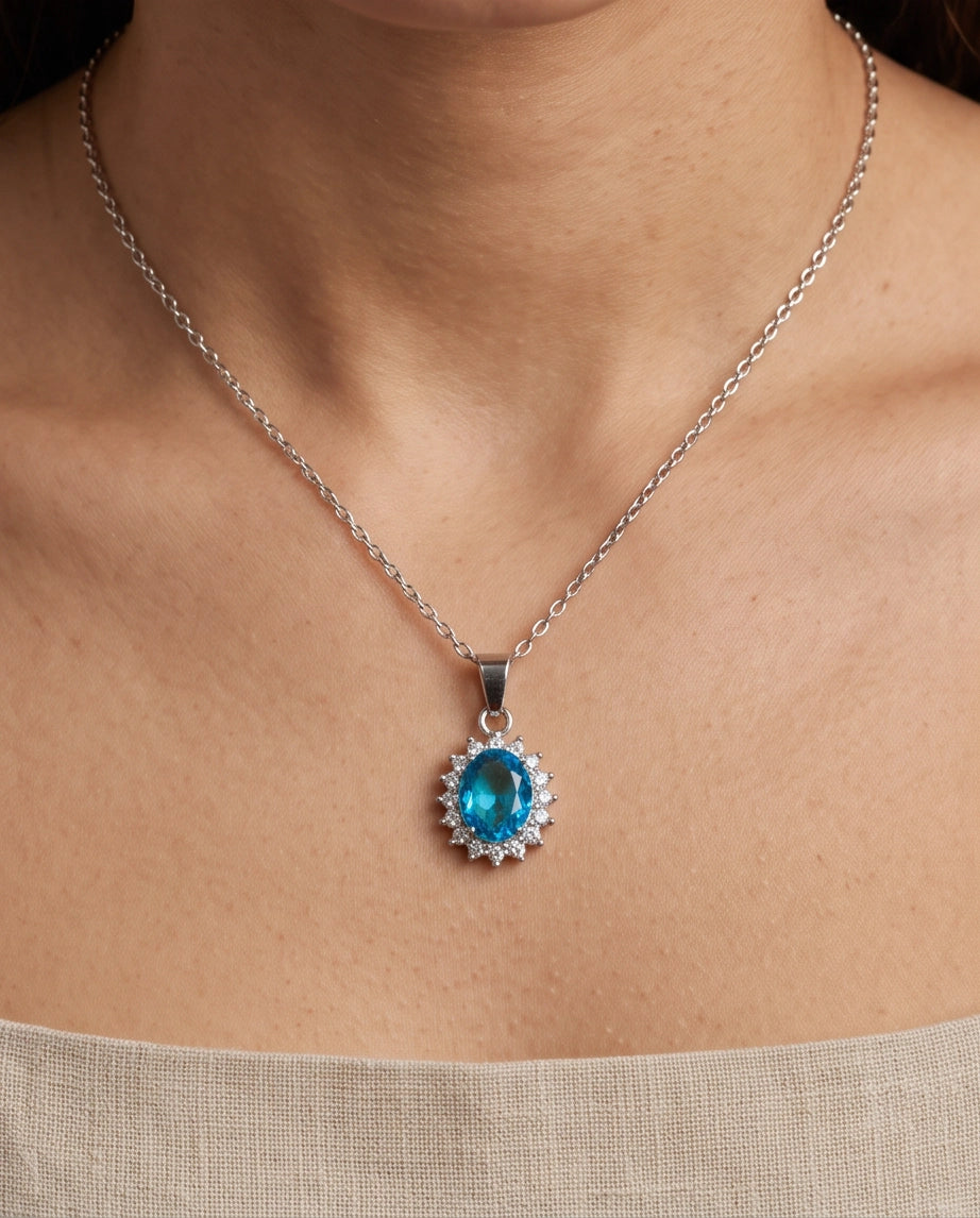 Silver Aquamarine Blue Oval Halo Medallion Pendant Necklace
