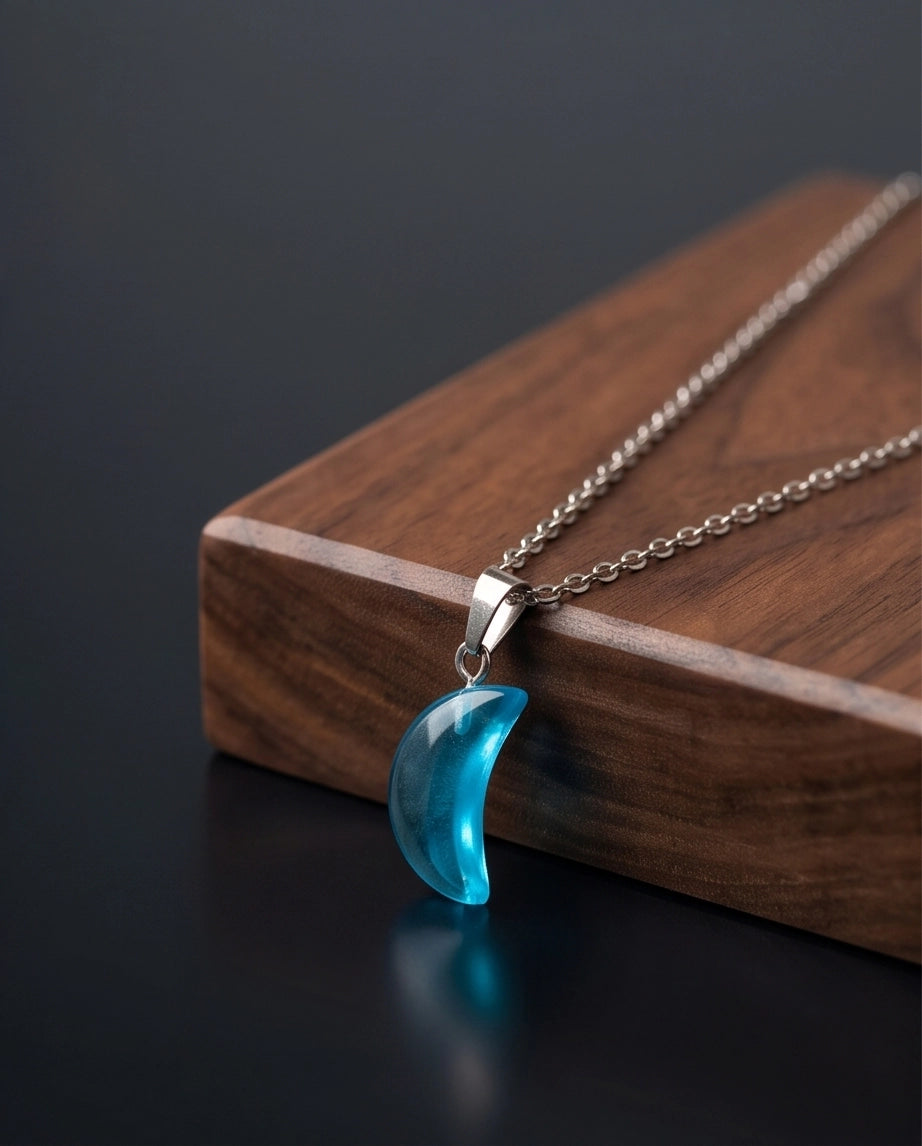 Silver Cyan Crescent Moon Resin Pendant Necklace
