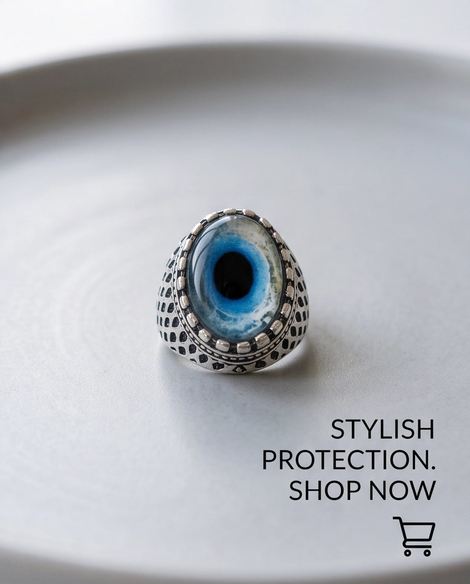 Royal Blue-Rimmed Evil Eye Cabochon Honeycomb-Band Silver Ring